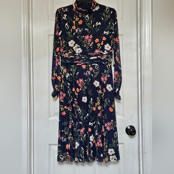 Eliza J Floral Long Sleeve Mesh Dress Navy Multicolored NWT - Picture 2 of 11